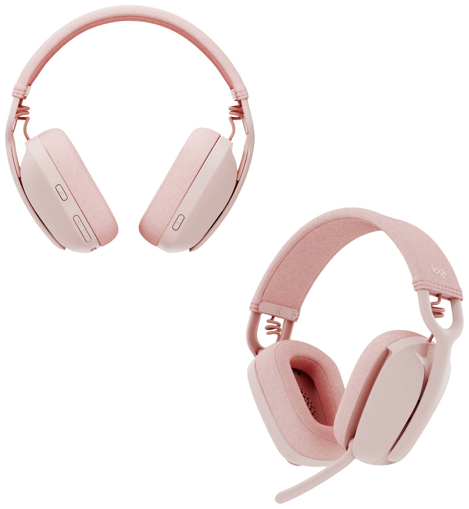 Casque Rose avec Microphone, l'un montrant les écouteurs et les touches de commande, l'autre les branches réglables et la position du microphone.