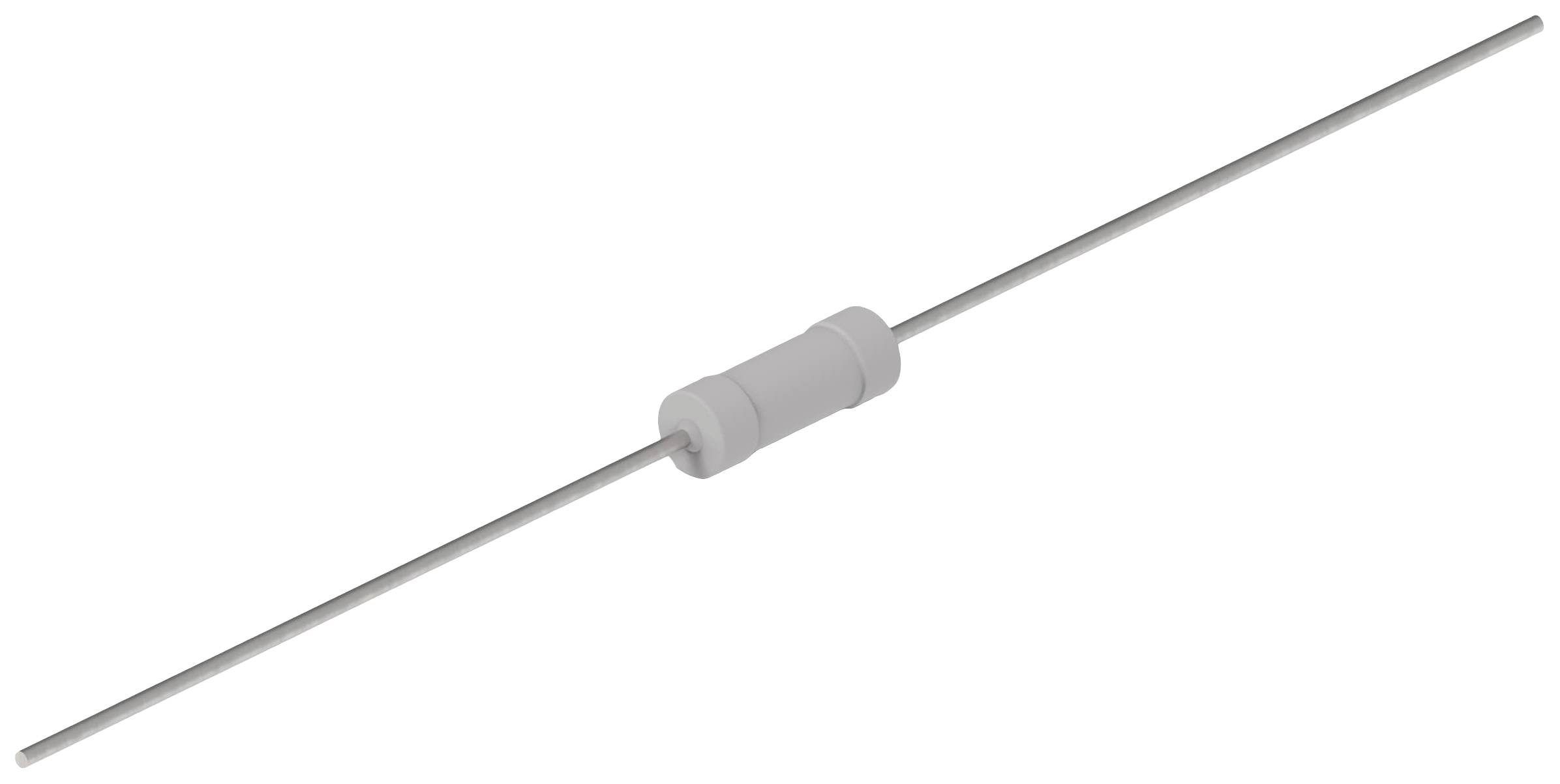 Un résistance cylindrique électrique avec deux longues bornes métalliques, représentée sur un fond blanc.