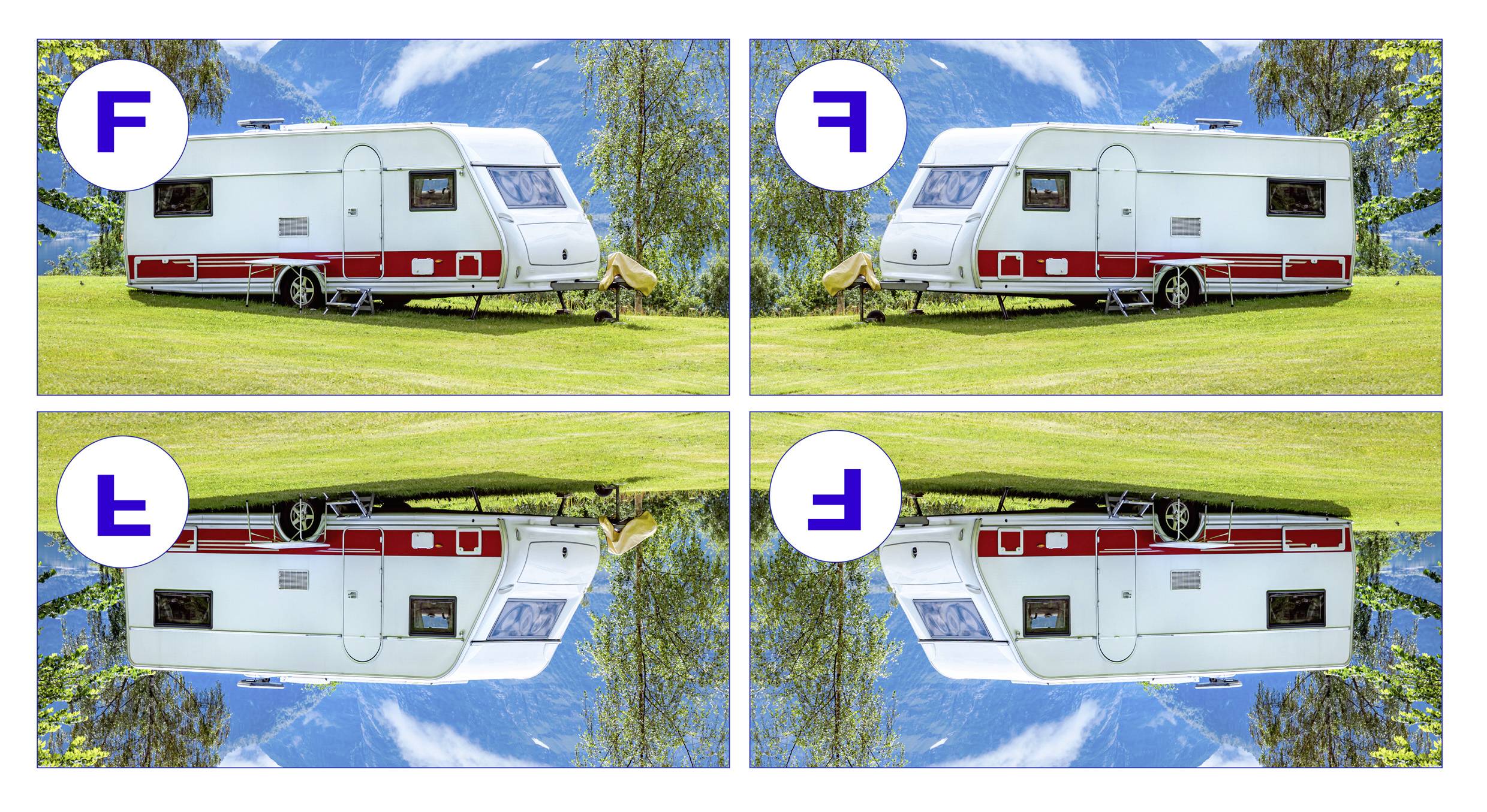 Deux caravanes côte à côte sur un pré, entourées de montagnes et d'arbres. Une personne allongée et détendue dans chaque caravane.