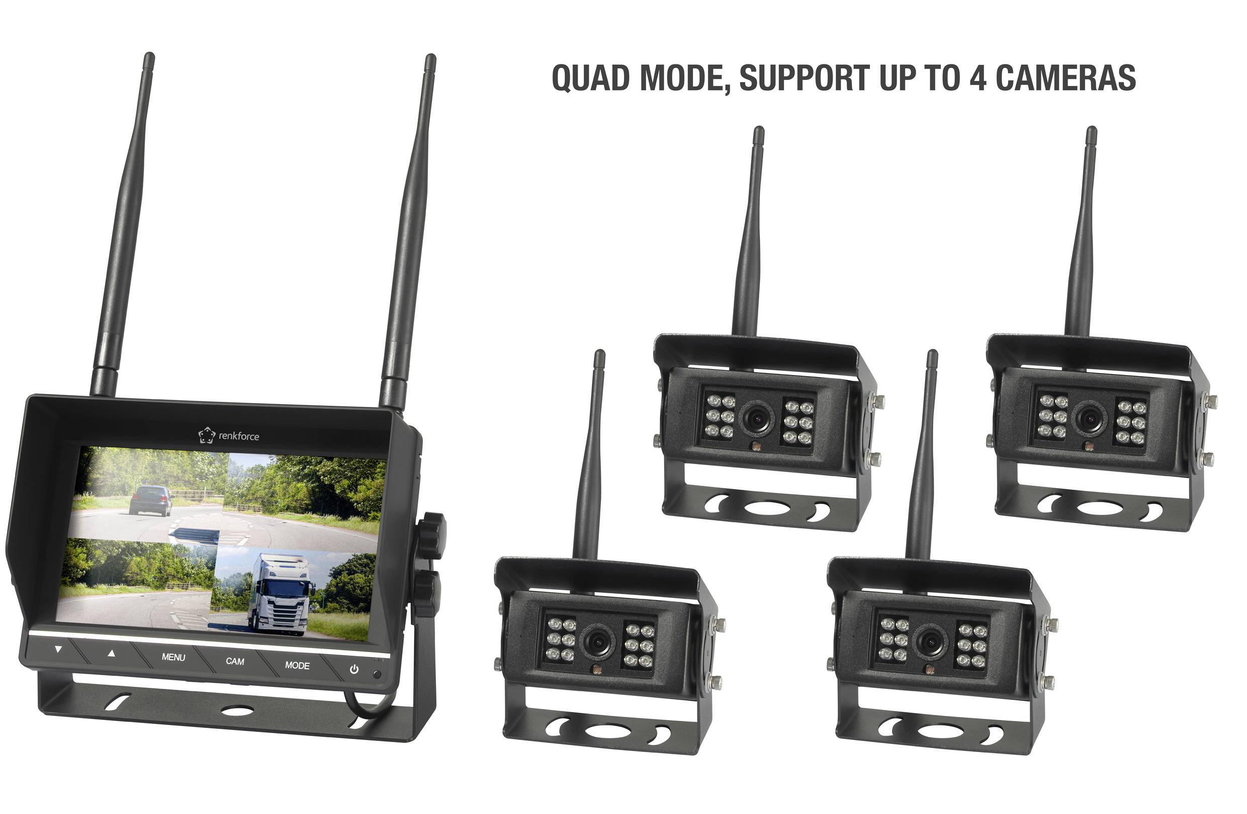 Un écran affiche une vidéo de camion, prenant en charge jusqu'à quatre caméras. À gauche l'écran, à droite quatre caméras sont représentées.