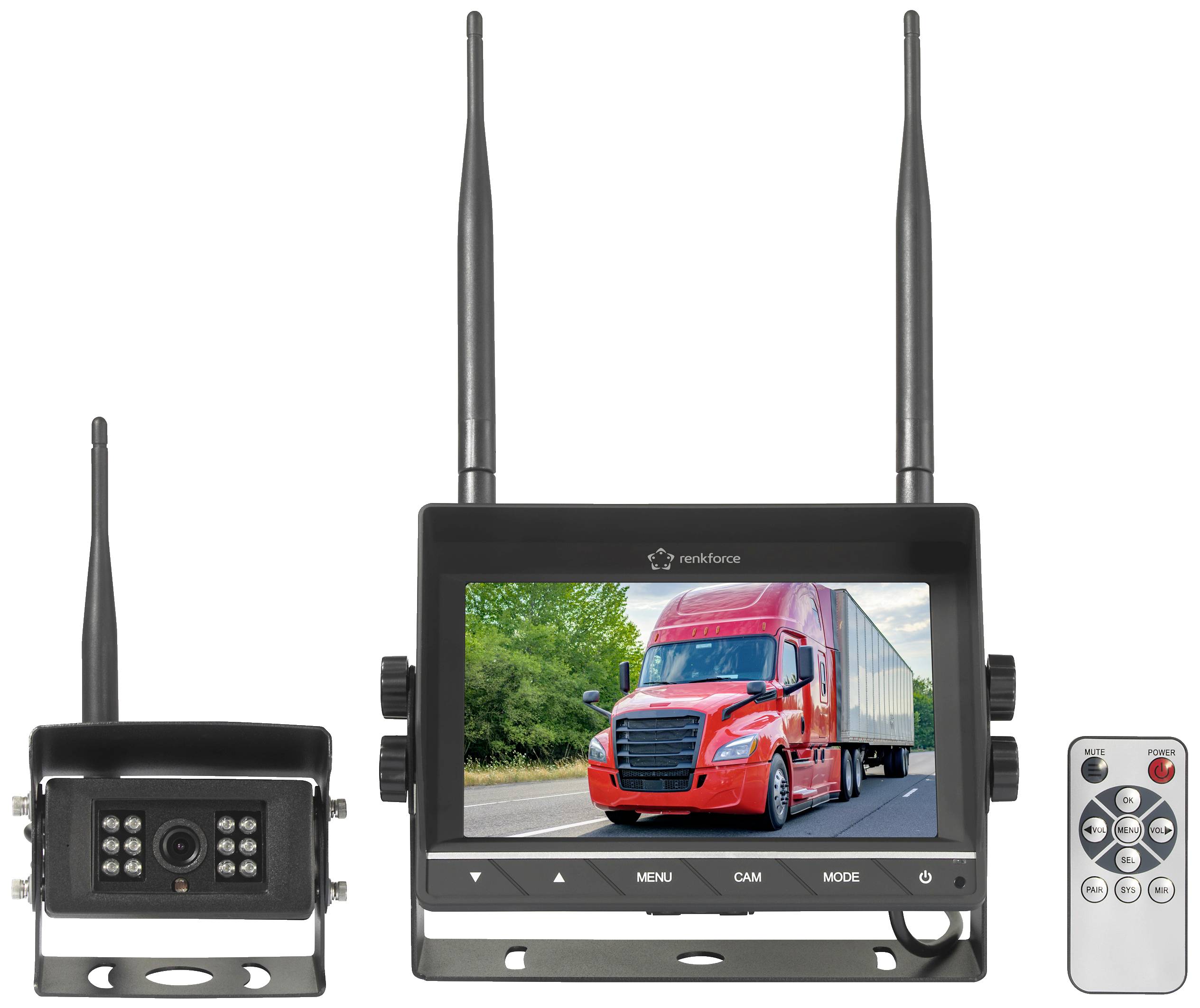 Caméra de recul sans fil avec moniteur et télécommande montrant un camion sur la route. Idéal pour une surveillance sécurisée lors des manœuvres.