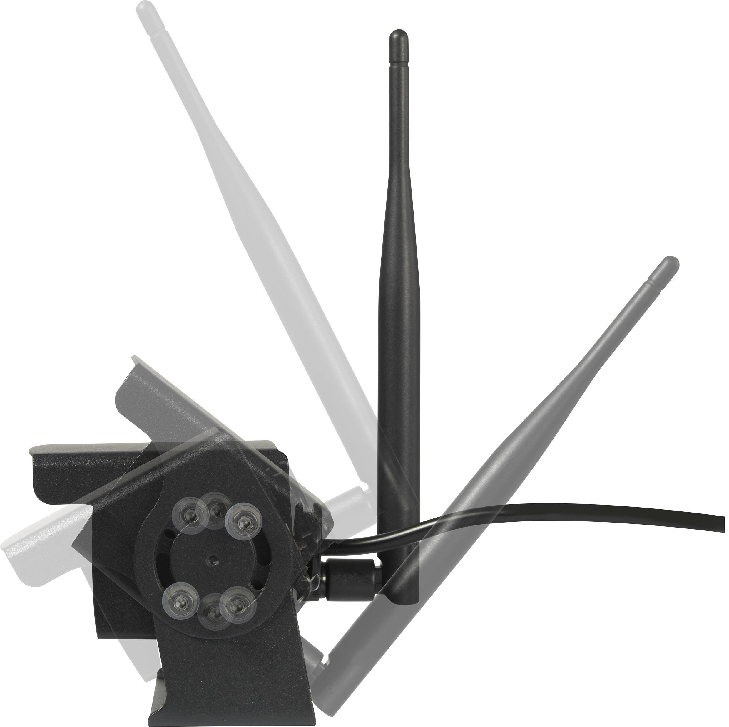 Antenne pivotante sur un appareil électronique, représentée dans trois positions, montrant son adaptabilité et sa flexibilité.