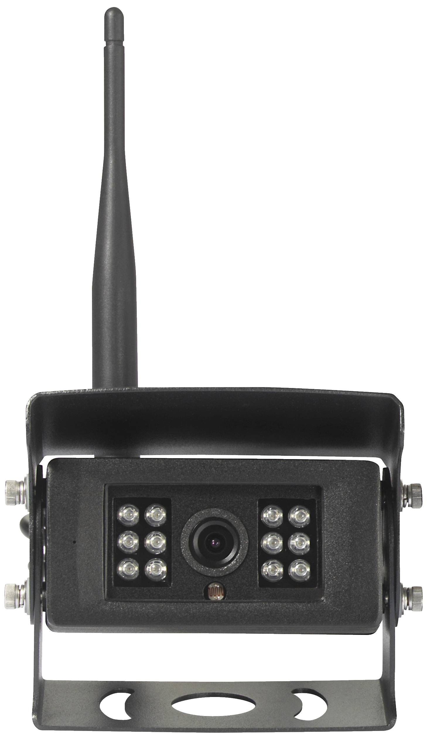 Caméra de surveillance noire avec antenne, montée dans un boîtier métallique. Elle dispose de plusieurs voyants LED autour de l'objectif.