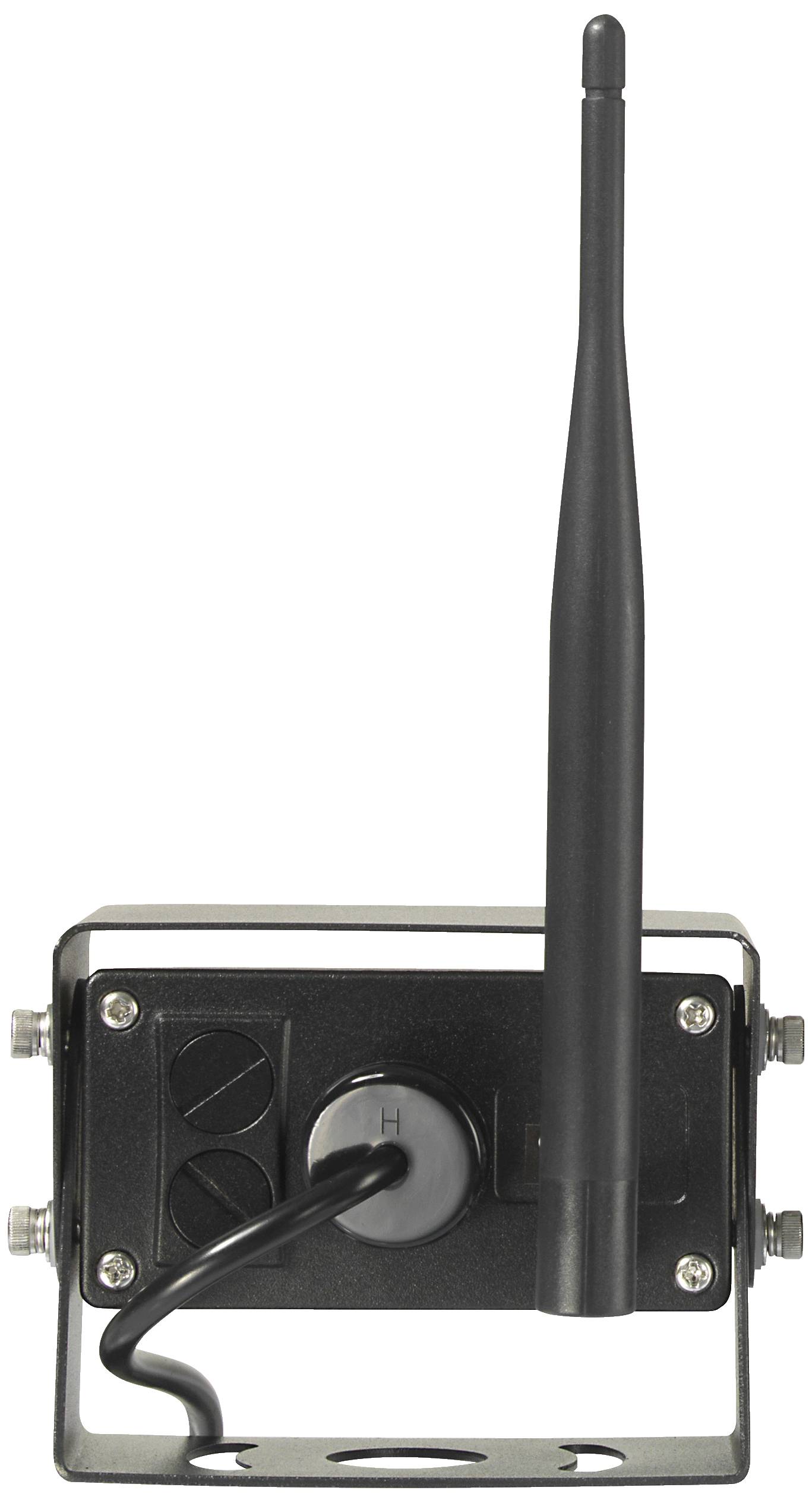 Un appareil photo noir, rectangulaire, avec une antenne verticale et deux vis sur les côtés, monté sur un cadre métallique ajustable.