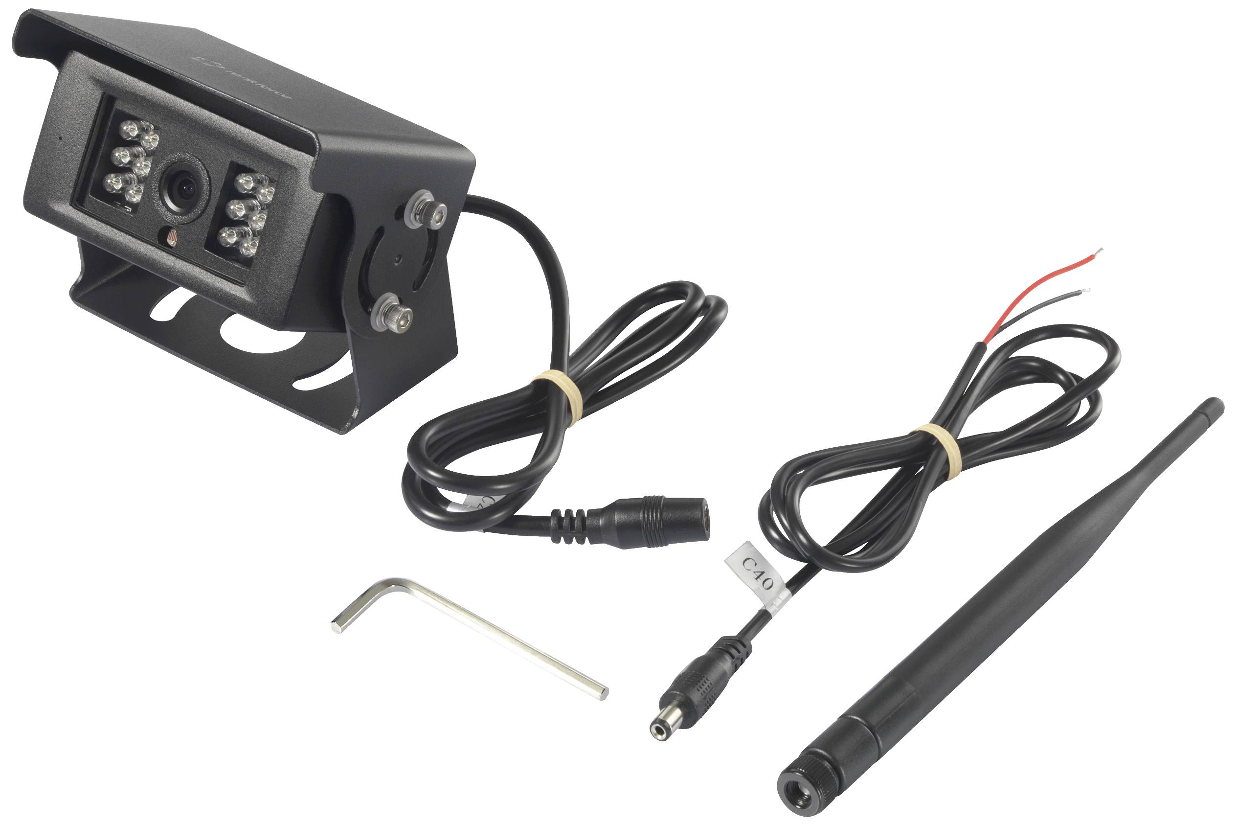 Ensemble caméra de recul : Comprend une caméra avec des LED infrarouges, un câble réseau, une antenne et une clé Allen pour le montage.