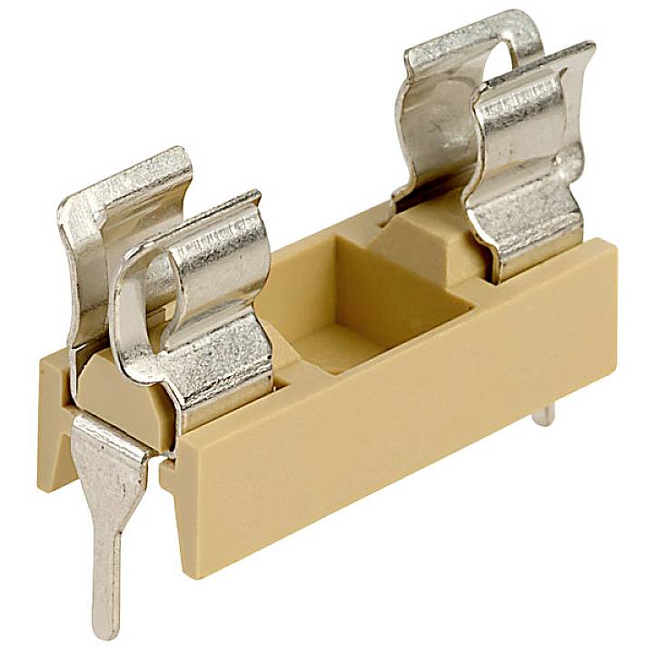 Un support de fusible marron avec deux clips métalliques pour maintenir un fusible, sur un fond blanc.
