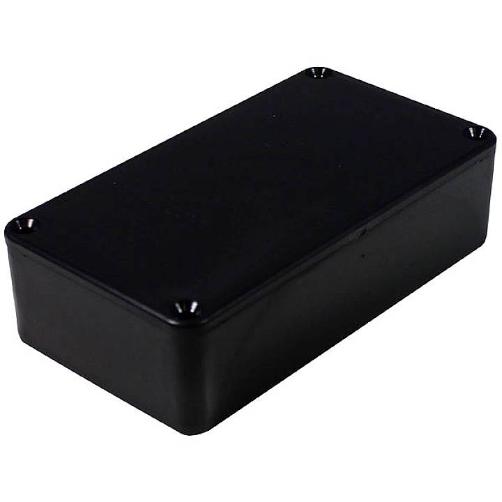 Boîte en plastique noir rectangulaire aux coins arrondis, souvent utilisée pour le montage électronique. Aucun texte ou symbole visible.