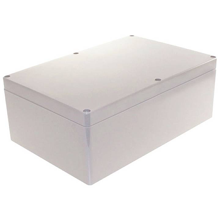 Boîtier rectangulaire en plastique gris avec des trous de vis dans les coins. Adapté pour protéger des composants électriques ou des circuits.