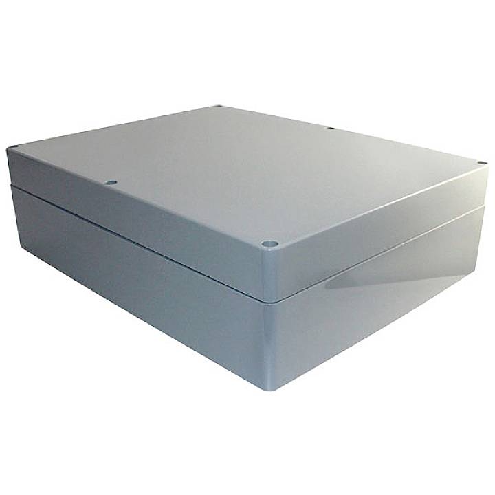 Boîtier rectangulaire gris avec des vis aux angles ; conçu pour des composants électroniques.
