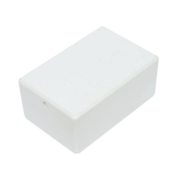 Boîte en plastique blanche, rectangulaire, avec un couvercle lisse.