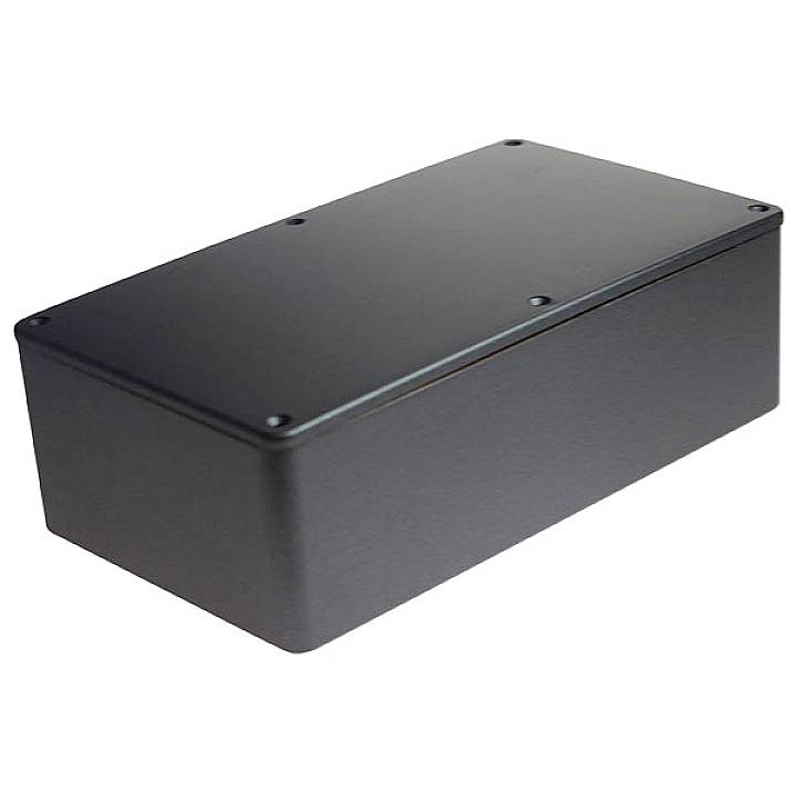 Un boîtier électronique noir, rectangulaire, avec des angles arrondis et un couvercle amovible, adapté aux projets DIY.