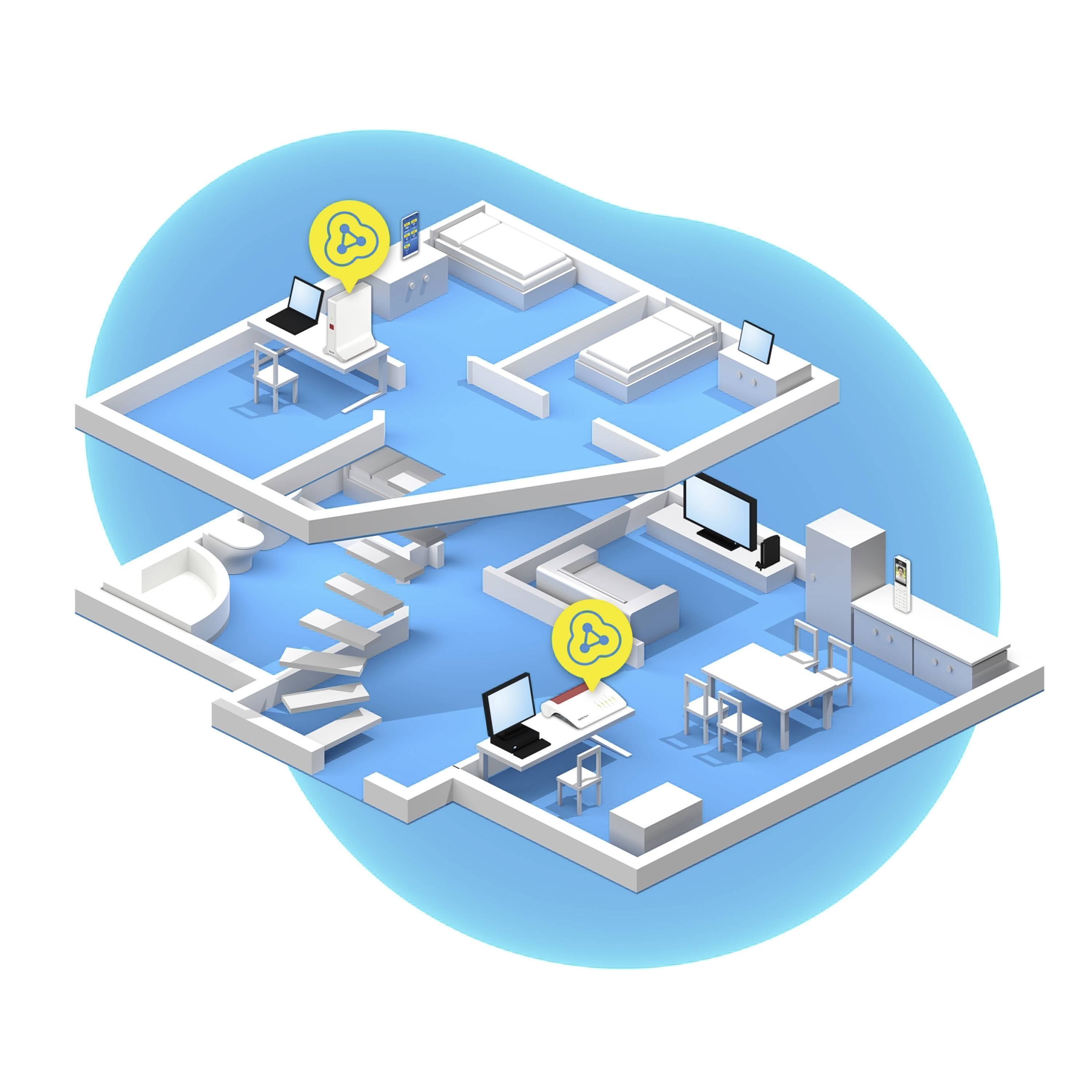 Plan 3D d'une maison sur deux étages. En haut, des espaces de travail avec des ordinateurs, en bas, une zone de repas. Des symboles de cloche jaunes marquent les zones de travail.