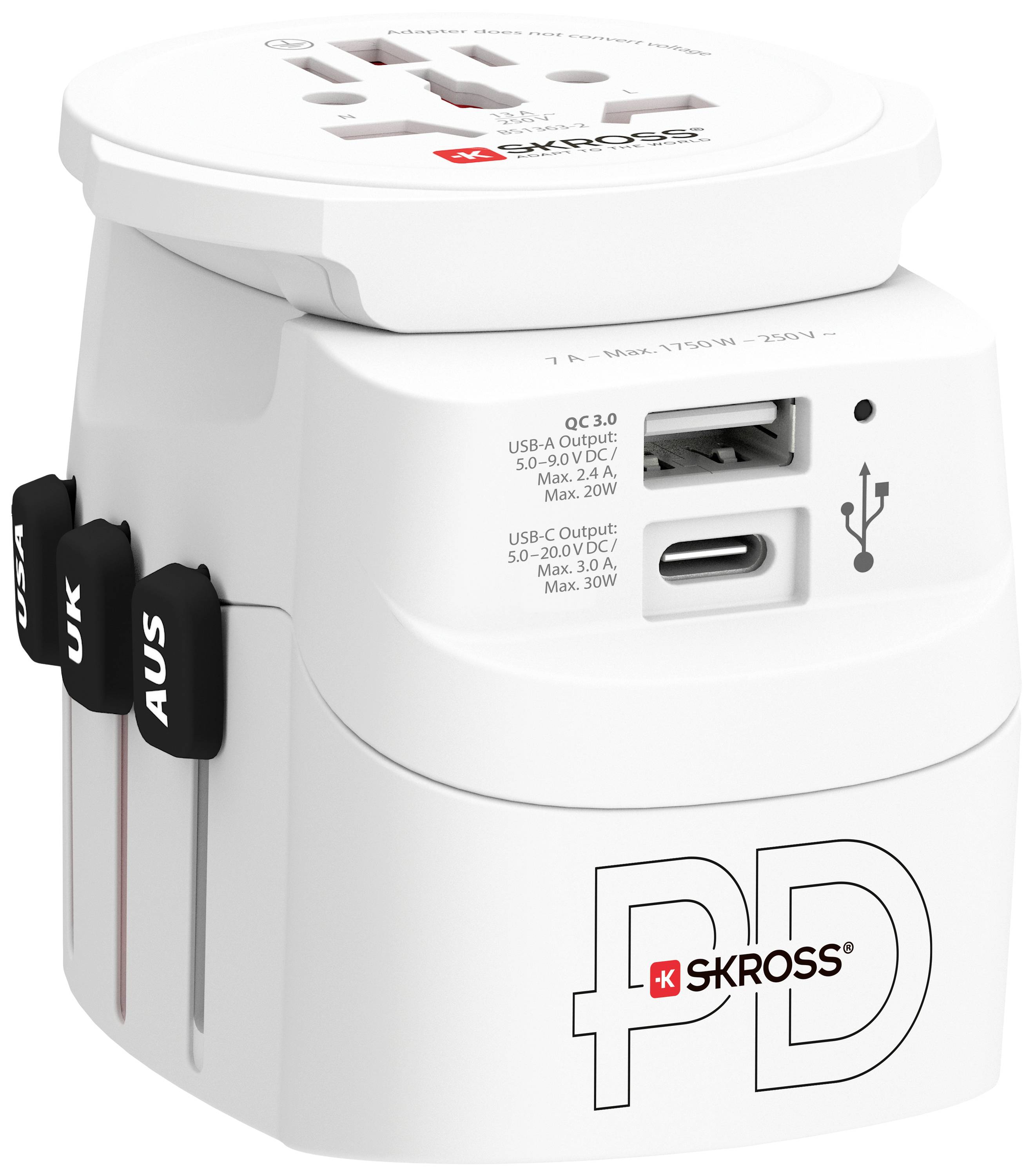 Adaptateur de voyage multiprises avec ports USB et curseurs pour différentes prises internationales, marque SKROSS. Adapté à une utilisation internationale.