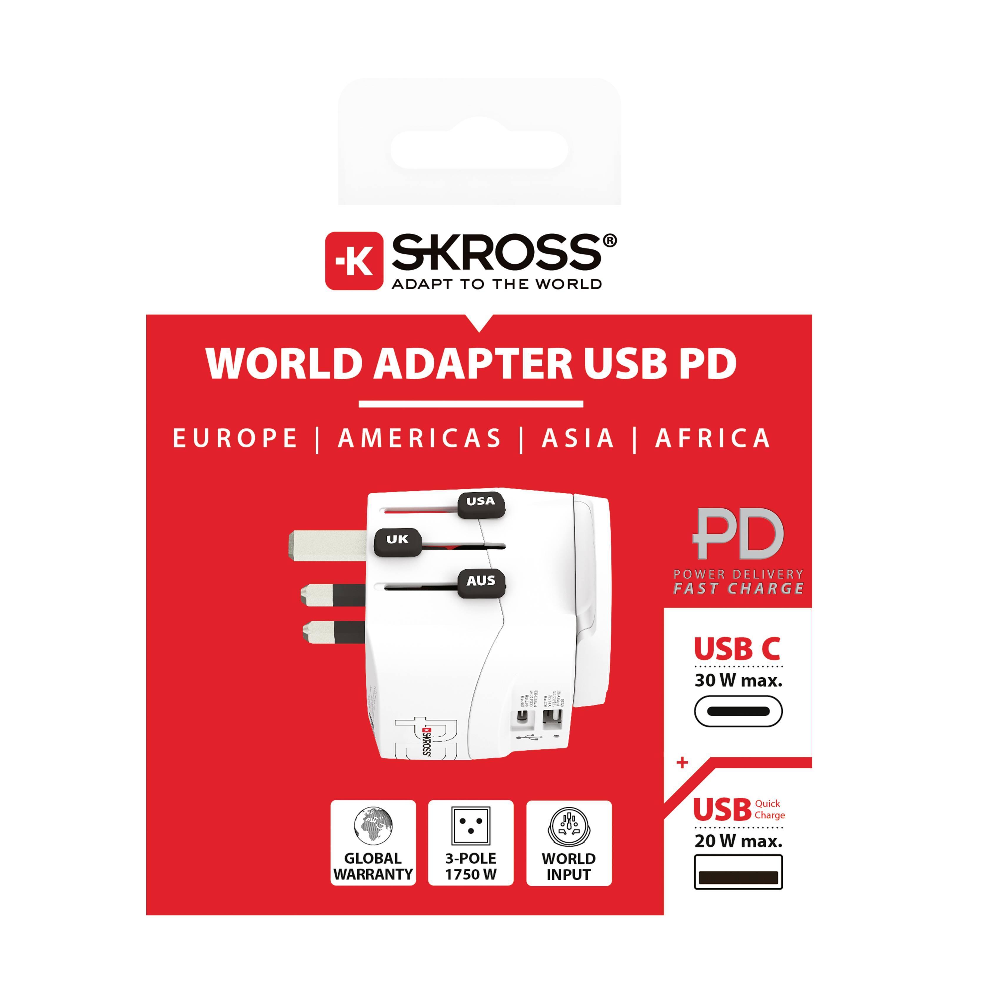 Adaptateur de voyage SKROSS pour l'Europe, l'Amérique, l'Asie, l'Afrique. Inclus ports USB-C et USB, compatible avec des appareils jusqu'à 1750 W.