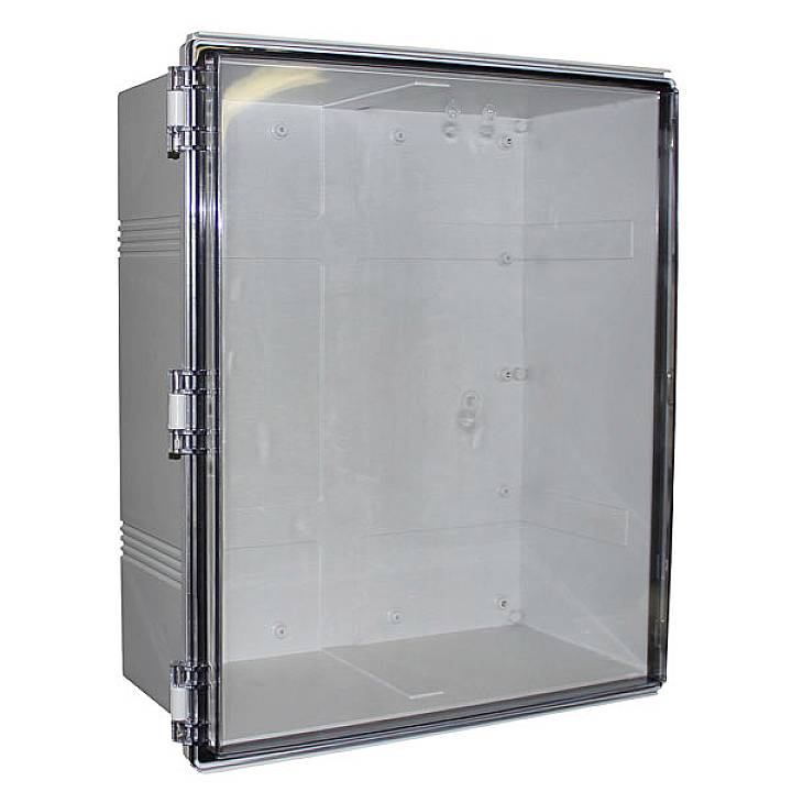 Boîte en plastique transparent avec charnière sur le côté gauche. Adaptée pour le rangement et la protection des appareils électroniques.