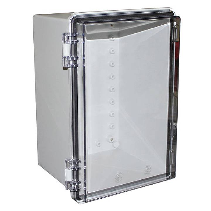 Une armoire électrique vide, transparente, en plastique, avec des charnières métalliques pour montage mural.