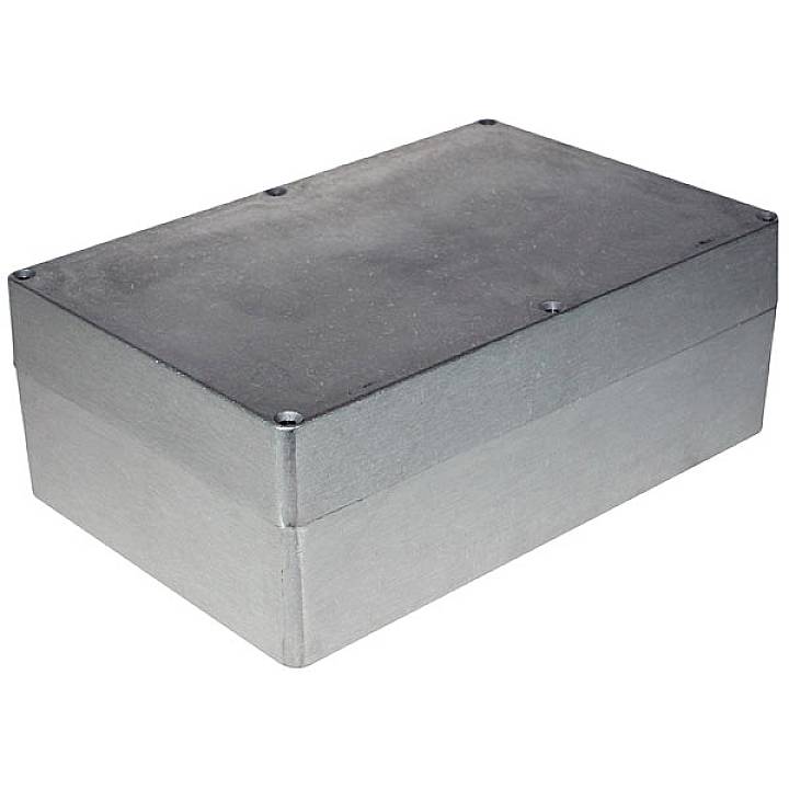 Boîtier métallique rectangulaire gris avec couvercle amovible, adapté pour une utilisation dans des applications et des projets électroniques.