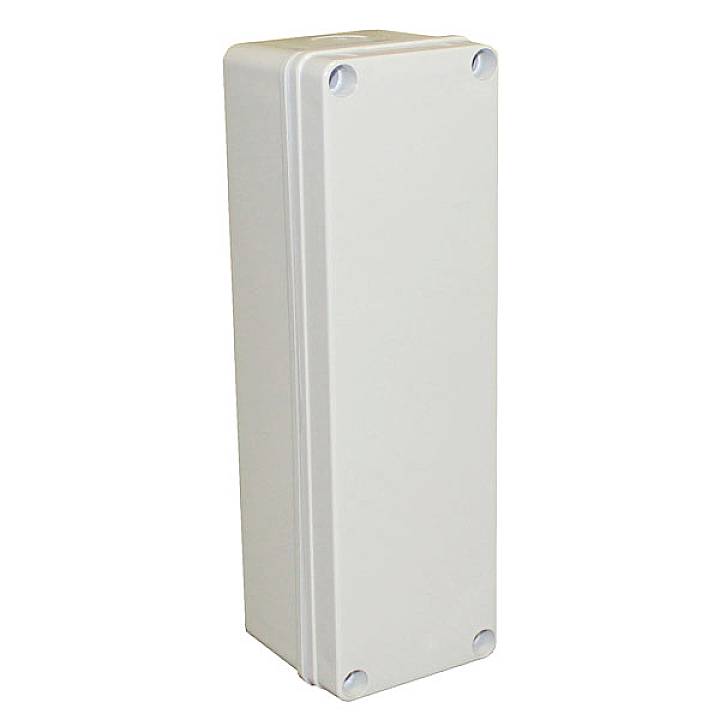 Boîte de distribution électrique en plastique robuste, de forme rectangulaire avec des angles arrondis et des connexions à vis apparentes.