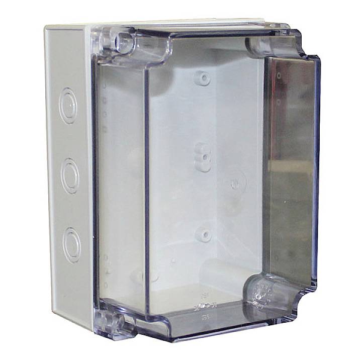 Boîte en plastique transparent avec cadre métallique pour le câblage électrique ; ouvertures sur les côtés pour l'accès aux câbles.