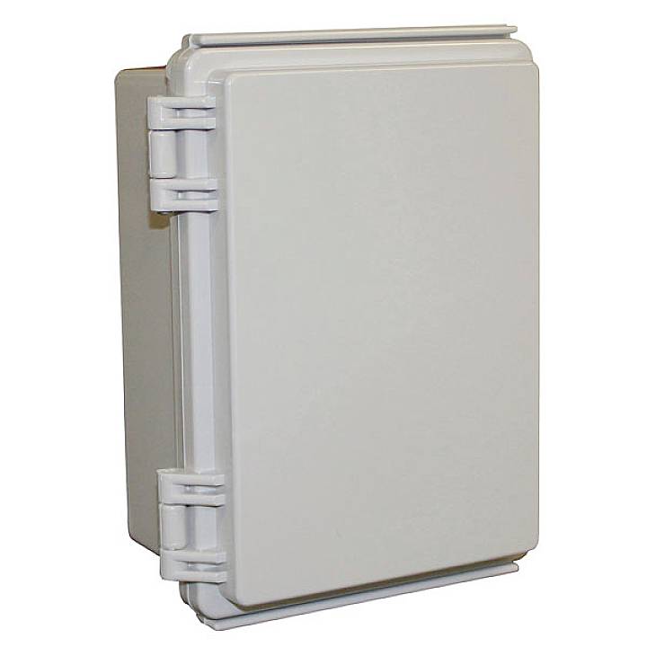 Boîte électronique en plastique blanc avec couvercle à charnières, adaptée à une utilisation extérieure pour protéger les composants électriques.