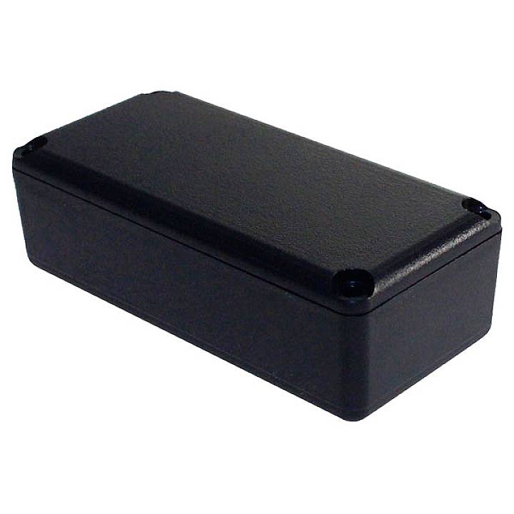 Boîtier rectangulaire en plastique noir avec des coins arrondis et quatre vis situées aux angles.