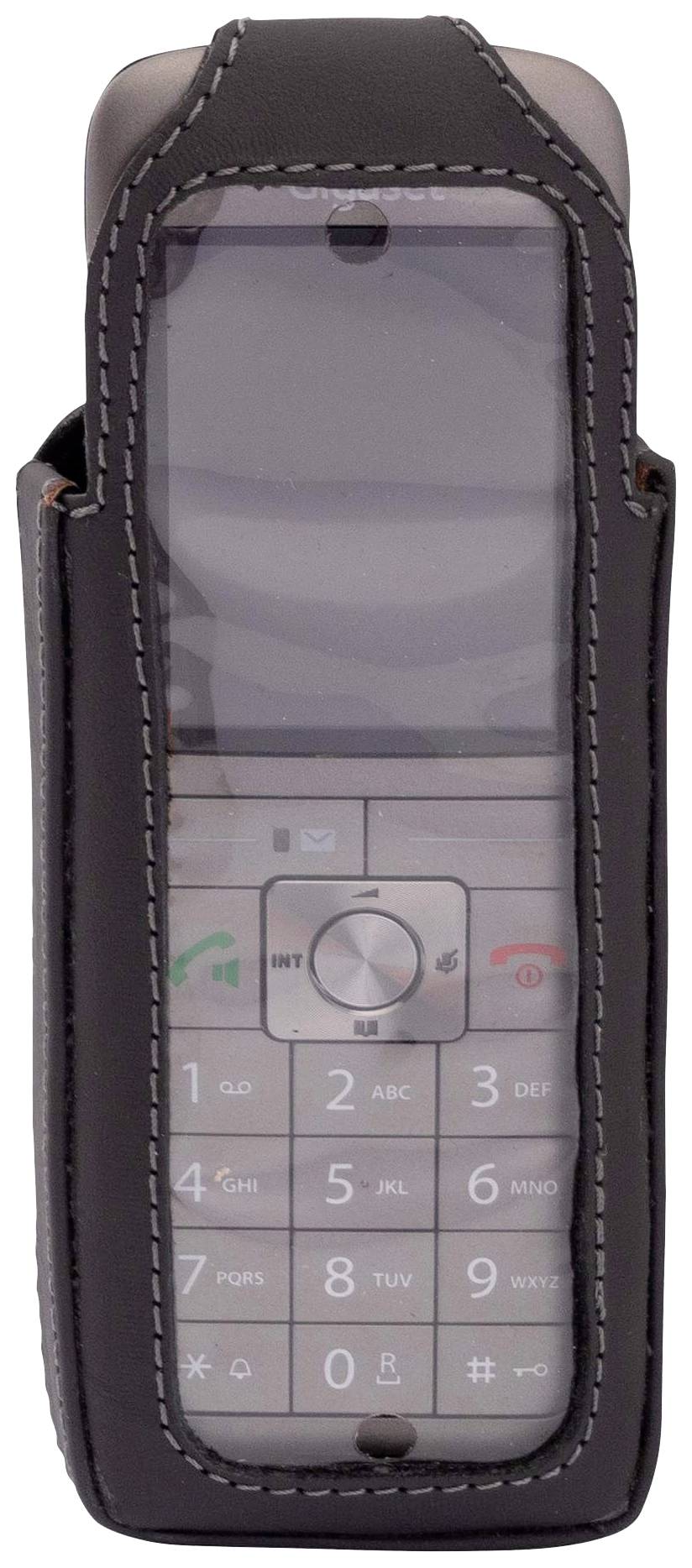 Un vieux téléphone mobile dans un étui en cuir noir avec un rétroéclairage des touches visible et un écran, présentant un système téléphonique dans un style rétro.