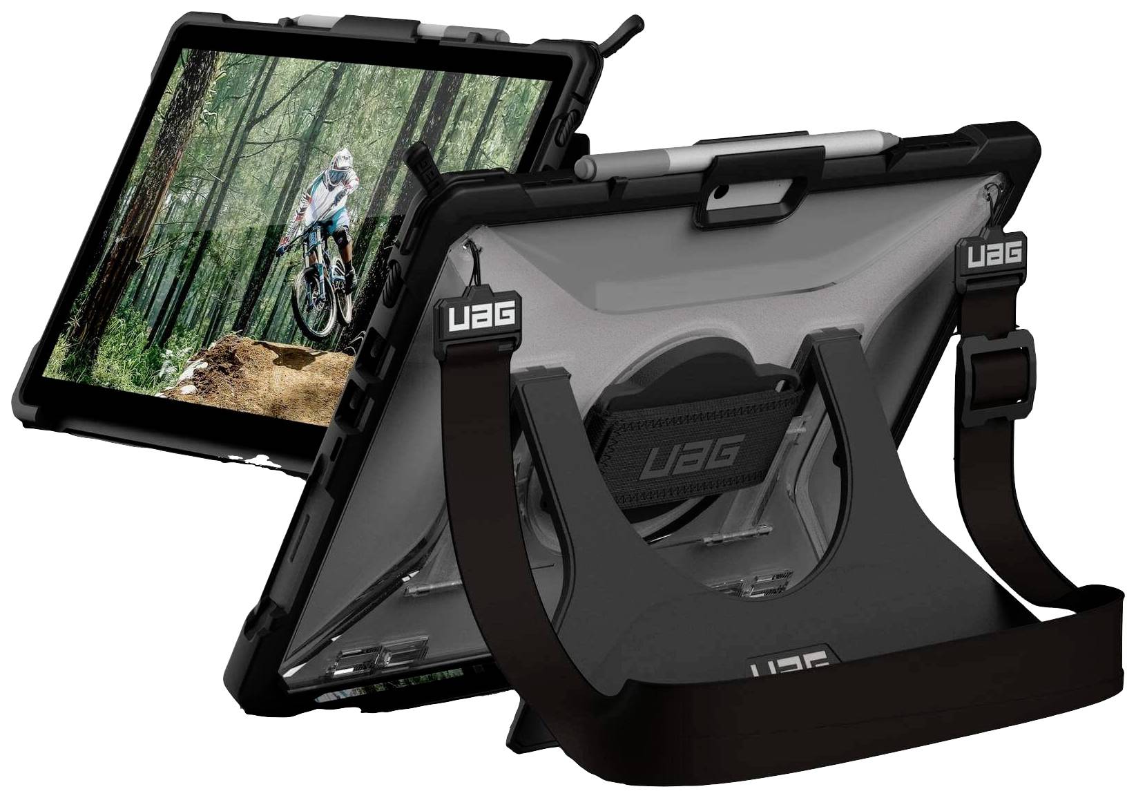 Tablette dans un étui protecteur avec support, présenté dans la forêt lors d'une balade à vélo. L'étui offre protection et stabilité, marque UAG.