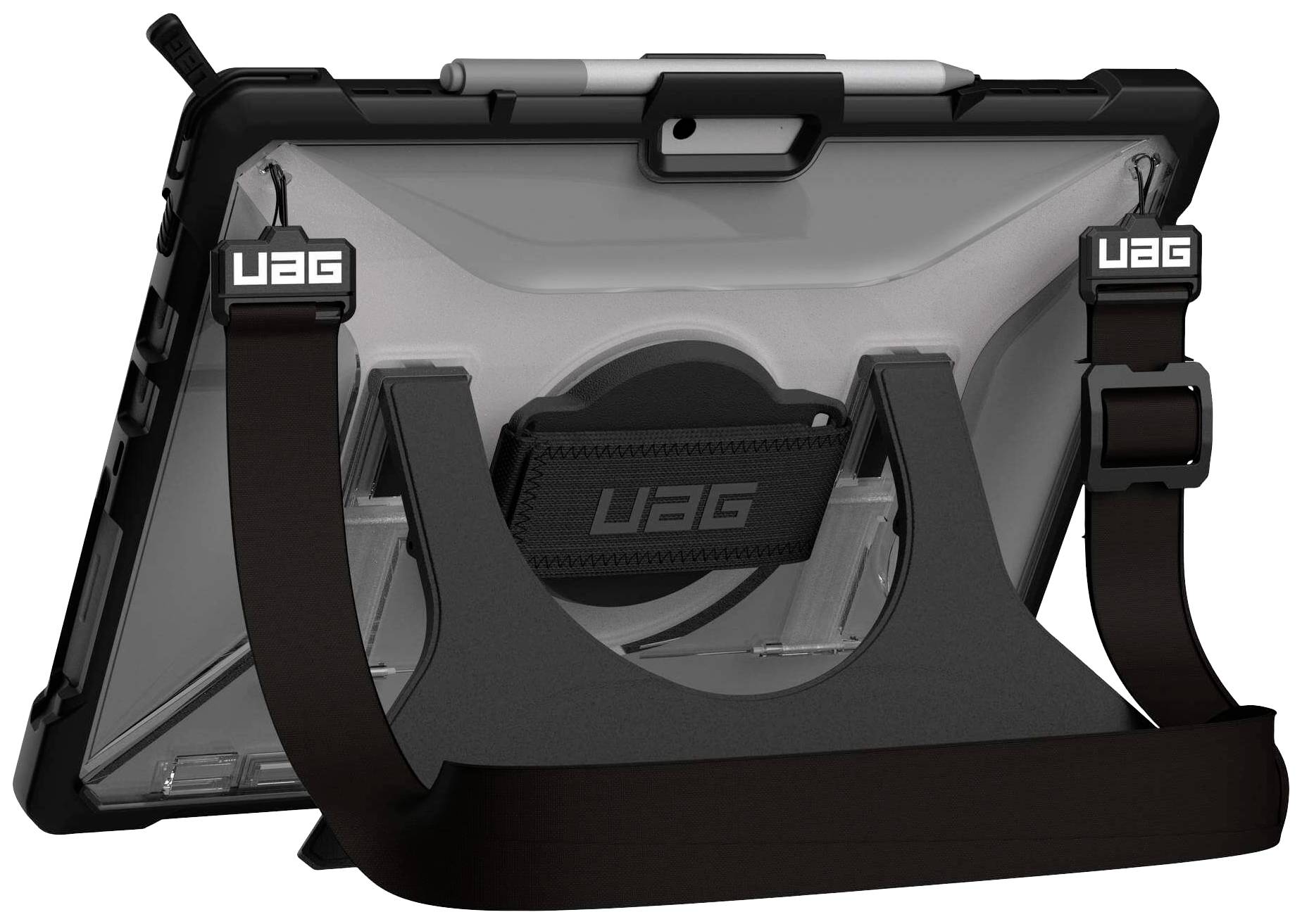 Étui de protection pour tablette avec support, sangle de transport et dispositif de maintien, offrant stabilité et mobilité.