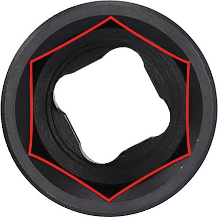 Un embout hexagonal noir avec un contour rouge en vue de dessus, montrant la forme intérieure pour la fixation sur un outil.