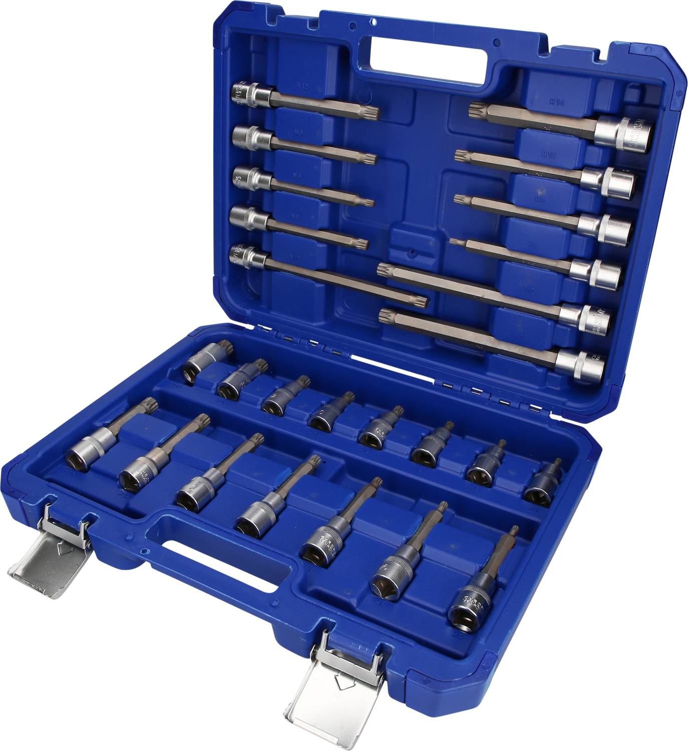 Une boîte à outils bleue ouverte contenant différentes clés à douille et rallonges, soigneusement rangées.