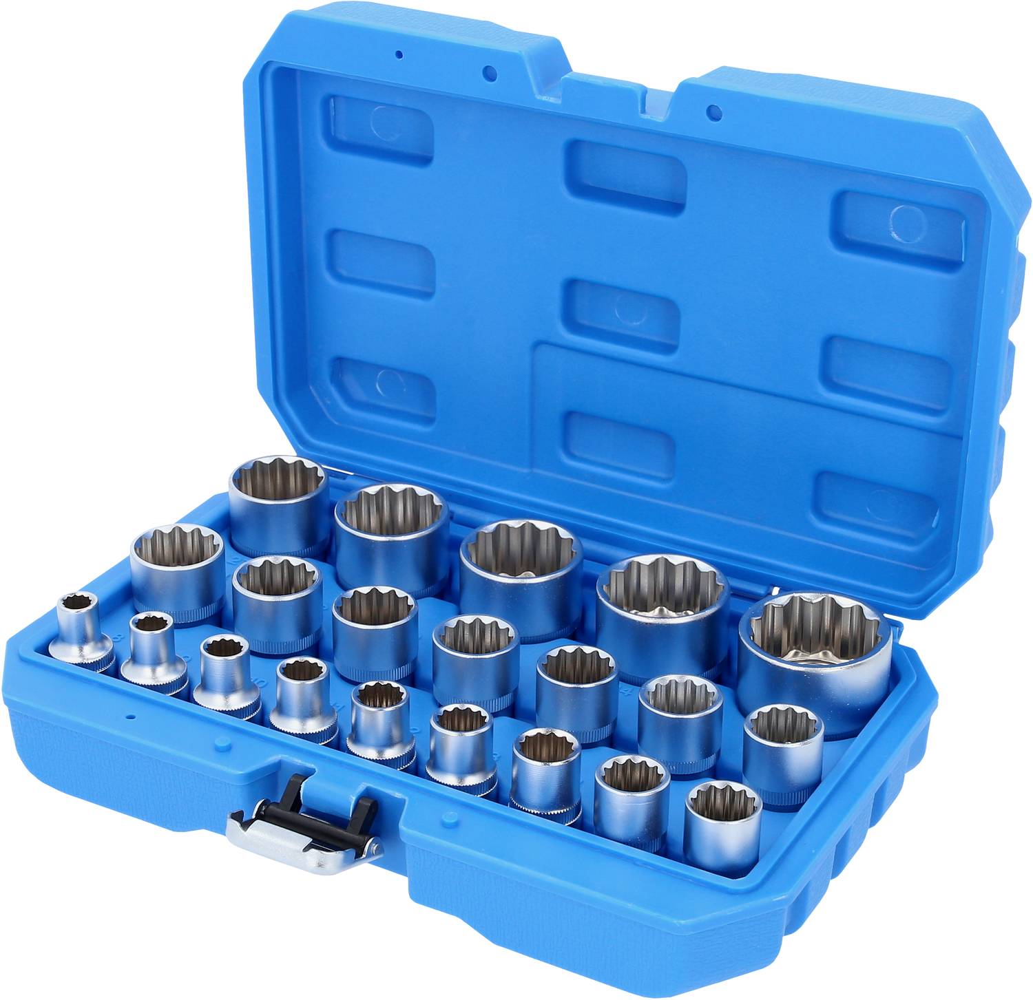 Coffret à outils bleu contenant 22 douilles brillantes de différentes tailles, disposées en deux rangées.