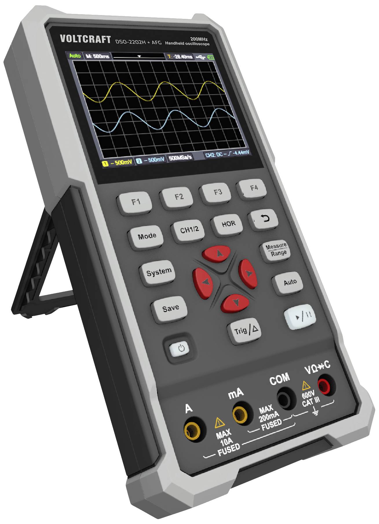 Un oscilloscope portable avec plusieurs touches de commande et un écran affichant divers diagrammes de formes d'ondes.