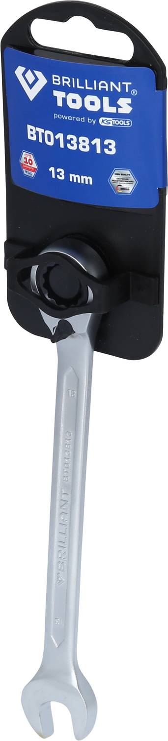 Clé à molette de Brilliant Tools, modèle BT013813, taille 13 mm. Conditionnée sur un support noir avec une étiquette bleue.