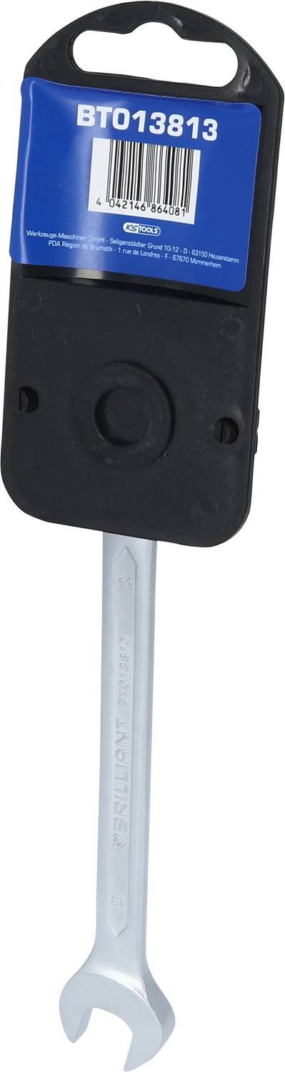 Une clé à fourche argentée avec un support noir et bleu sur lequel un code-barres et le numéro 'BT013813' sont visibles.