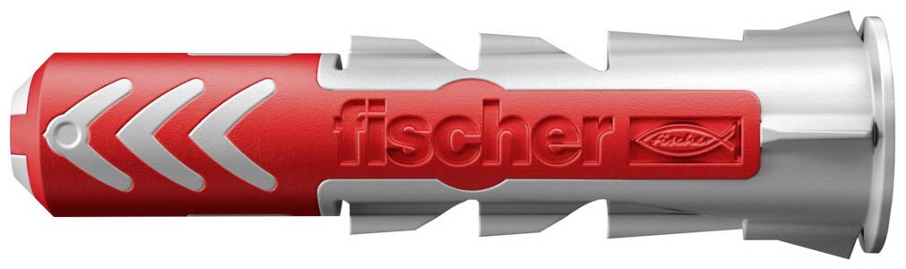 Cheville Fischer rouge et argentée, un élément de fixation pour murs, avec le logo de l'entreprise au centre.