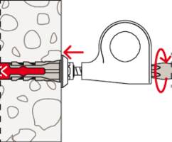 Diagramm zeigt ein Ankerschraubensystem in einer Wand und verdeutlicht das Einsetzen und Festziehen mit Pfeilen, die die Richtung anzeigen.