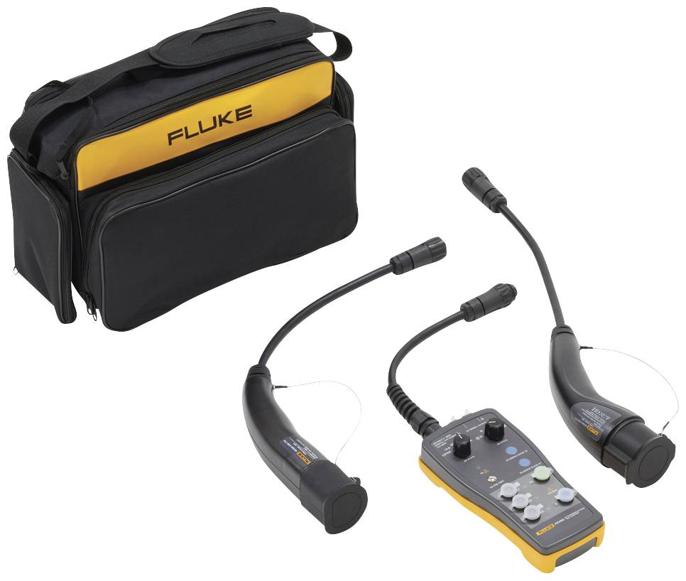 Sac de transport avec inscription jaune 'Fluke', deux capteurs et un appareil de contrôle avec boutons et câbles. Ensemble d'appareils de mesure électroniques.