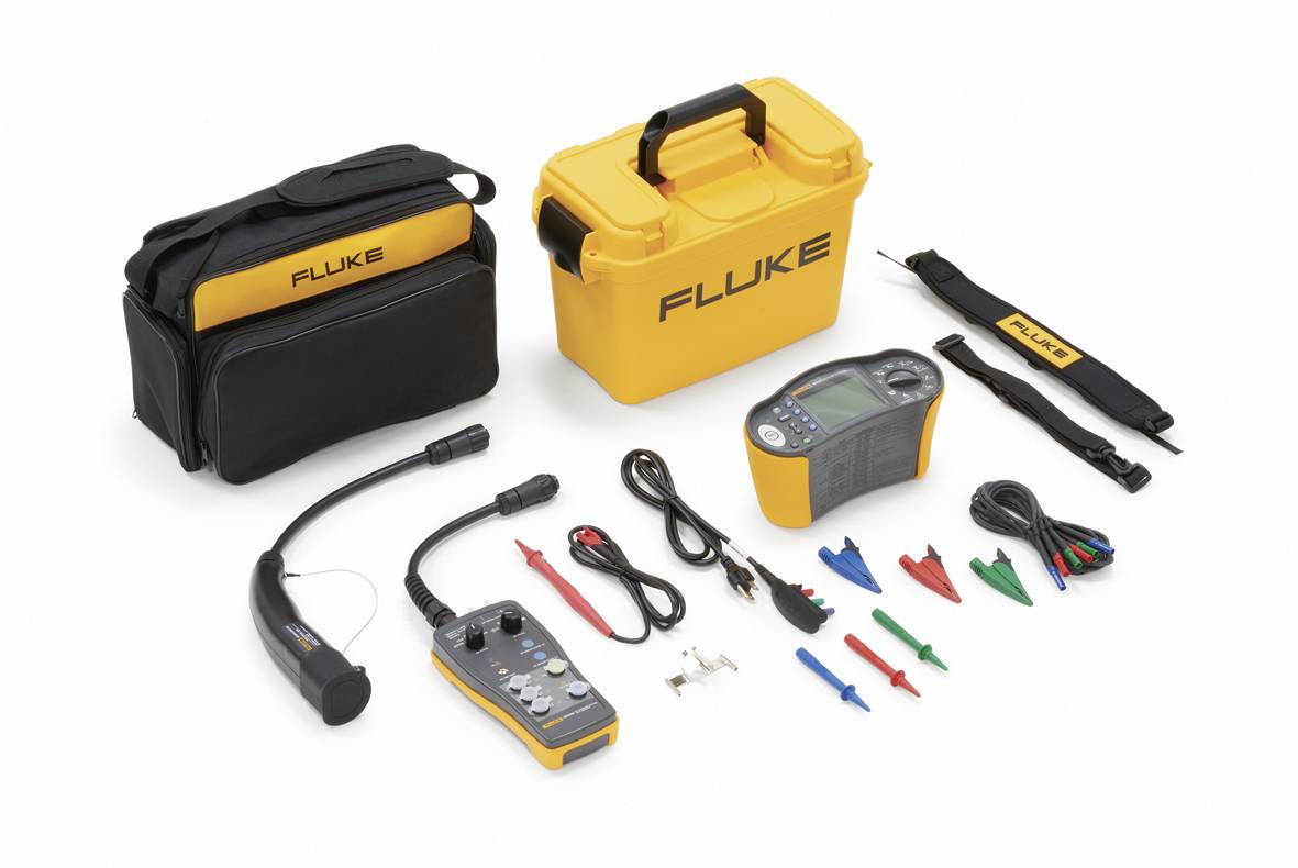 Ensemble de testeur électrique avec valise jaune, appareils de test, câbles et pointes de test. Idéal pour les mesures et diagnostics électriques.