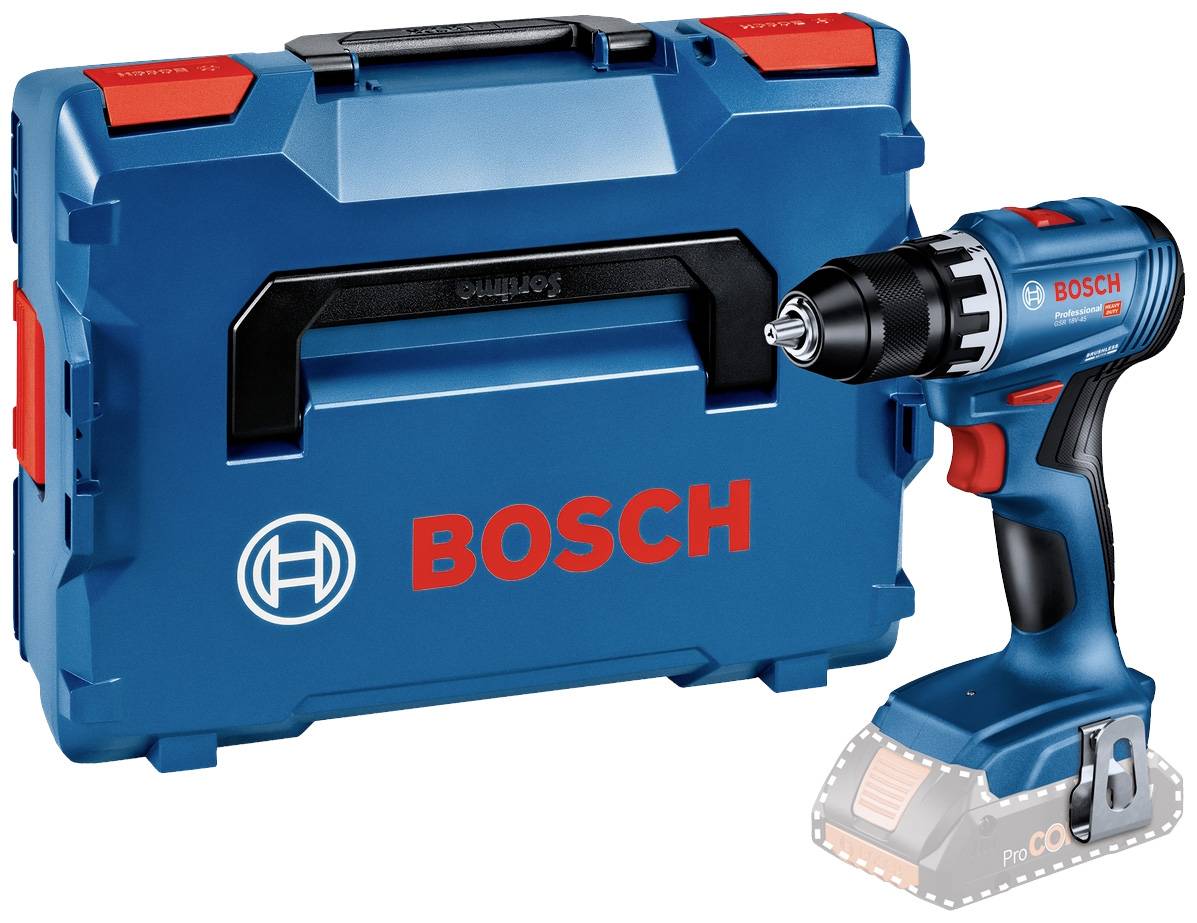 Visseuse-perceuse Bosch avec mallette de transport. Principalement bleue, avec des accents rouge et noir. Adaptée aux travaux de bricolage.