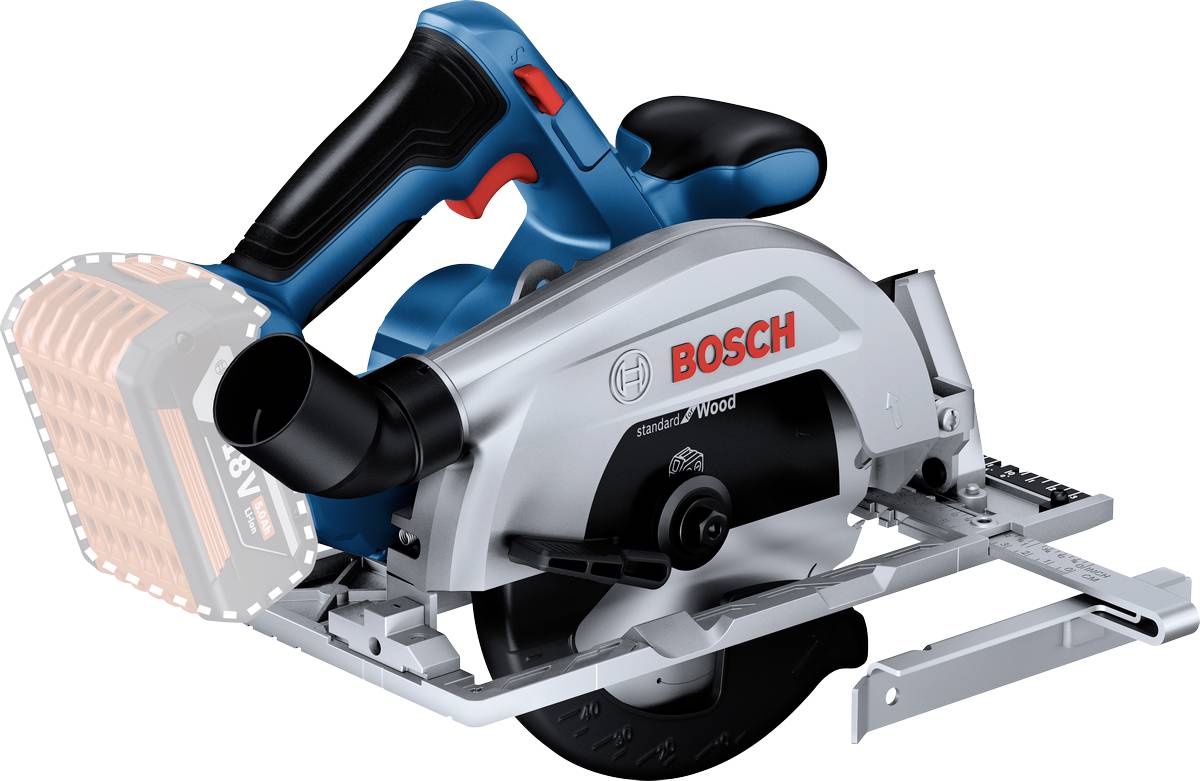 Scie circulaire portative sans fil Bosch, noir et gris avec une poignée bleue, sans batterie insérée. Adaptée pour couper du bois.