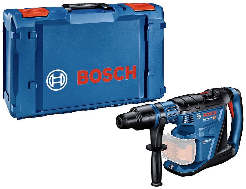 Un marteau-piqueur Bosch bleu avec câble, à côté à gauche un coffret de transport assorti. Les deux sont adaptés aux travaux de perçage intensifs.
