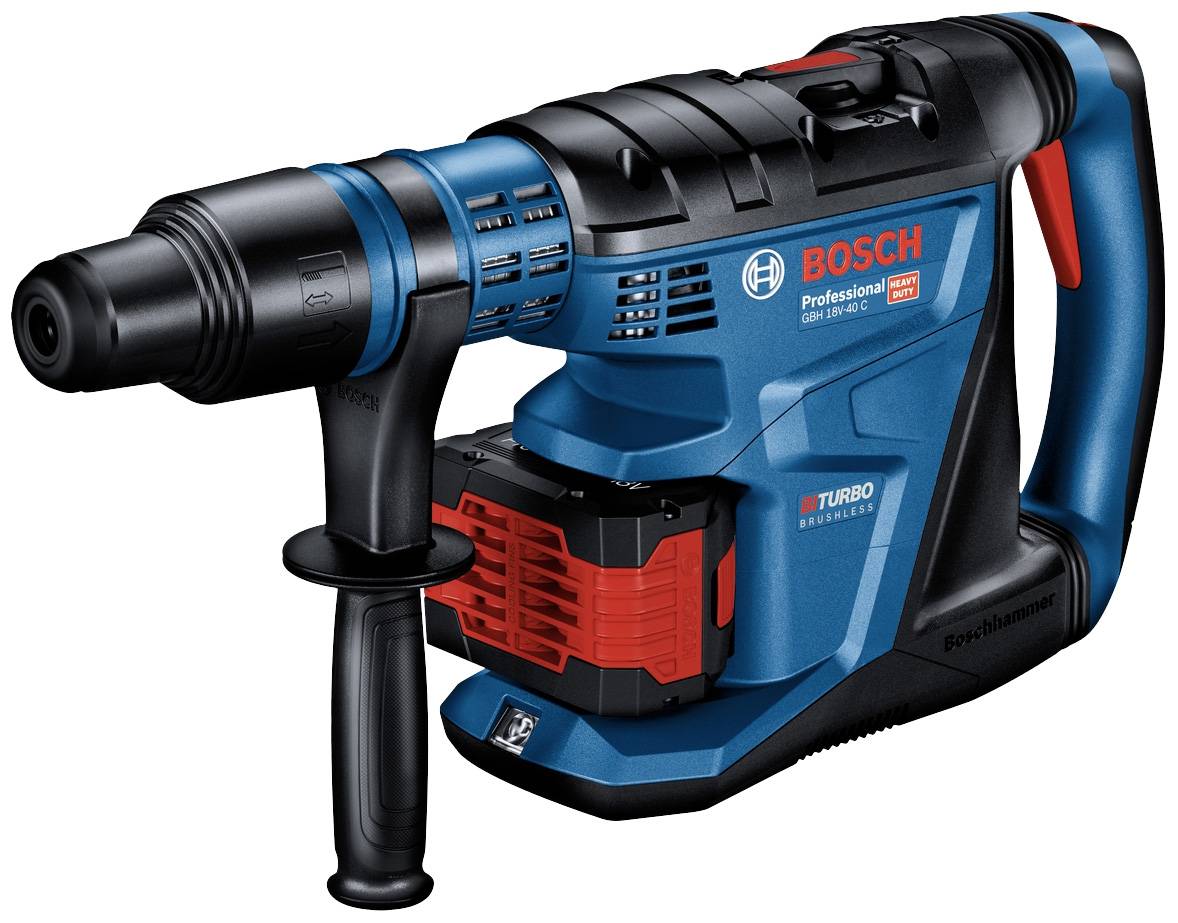Un marteau-piqueur Bosch Professional bleu et noir avec un compartiment de rangement rouge, adapté aux travaux de construction lourds.