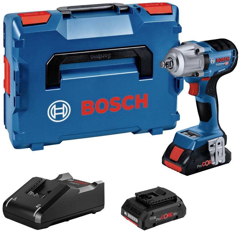 Visseuse sans fil Bosch avec mallette, chargeur et batterie. Principalement conçue en bleu et noir avec des touches de rouge.