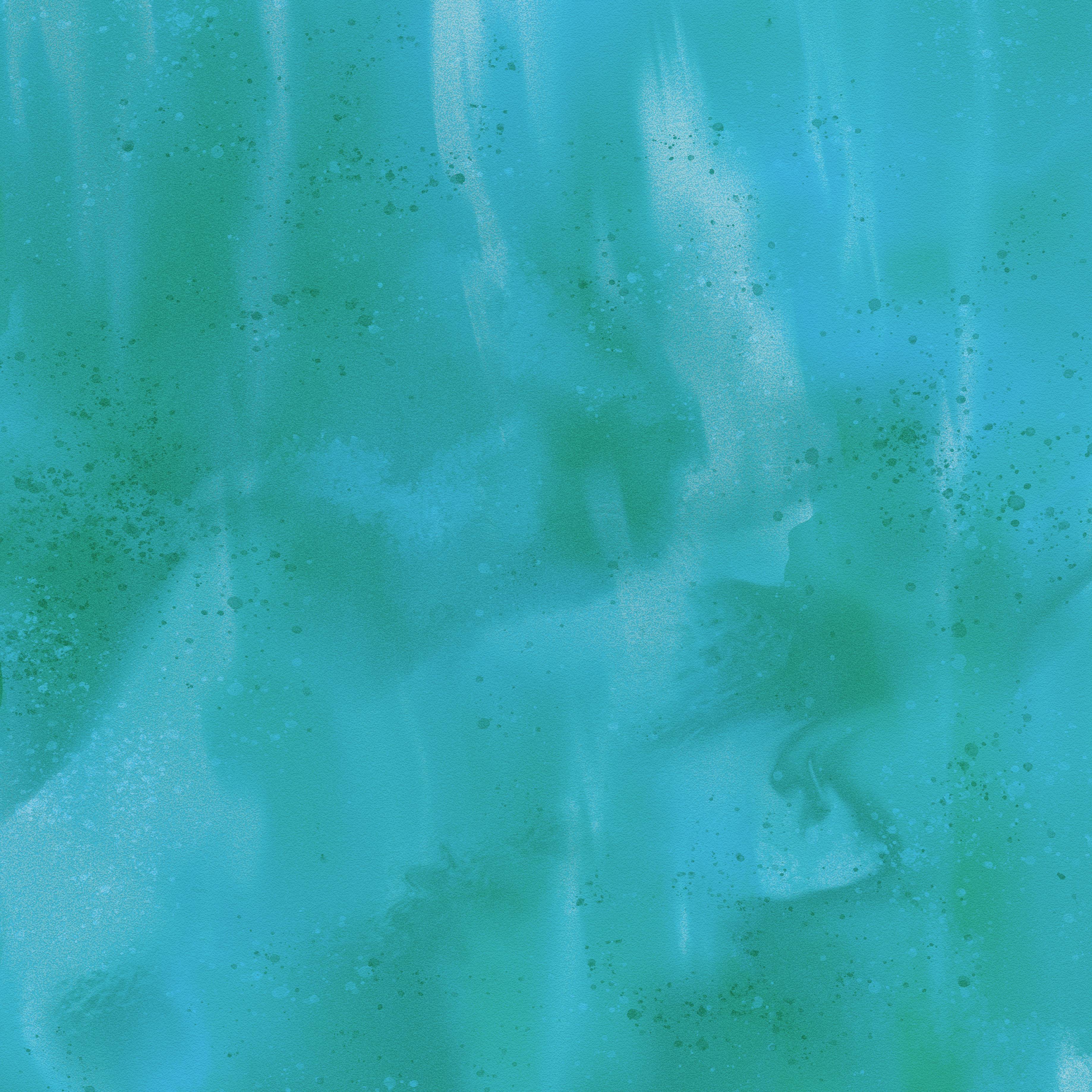 Un tableau abstrait avec des motifs fluides turquoise et verts sur une surface texturée.