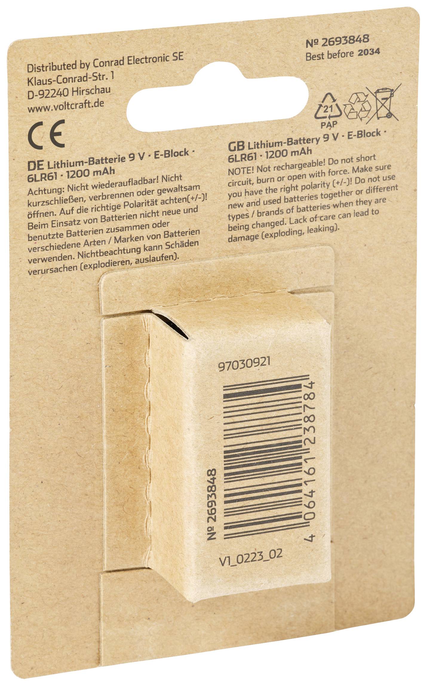 Voici la traduction en français :<br><br>Arrière de l'emballage de la batterie avec informations en français :<br><br>Batterie Lithium 9V, 1200mAh, rechargeable, de Conrad Electronic SE.