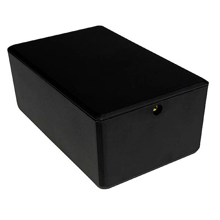 Boîtier noir rectangulaire aux coins arrondis, probablement destiné à des composants électroniques, sur fond blanc.