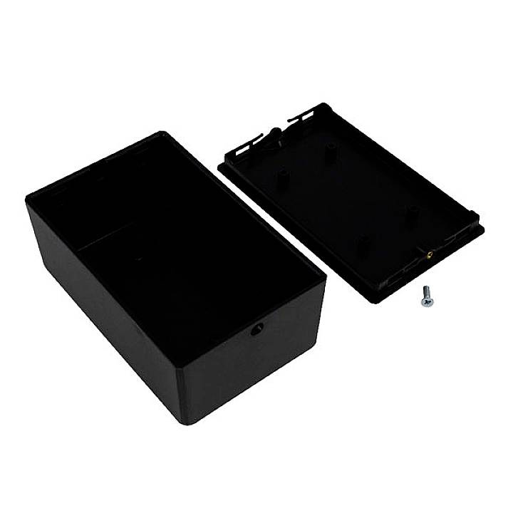 Boîtier en plastique noir avec couvercle amovible et vis, présenté ouvert. Adapté pour les projets électroniques.