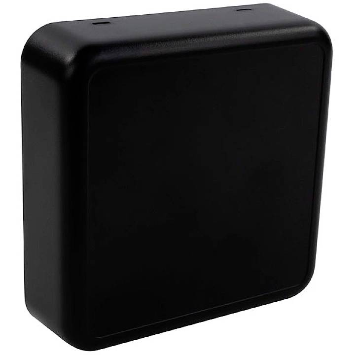 Boîtier carré en plastique noir, probablement un couvercle de boîtier, avec des bords lisses et deux points de fixation sur le dessus.