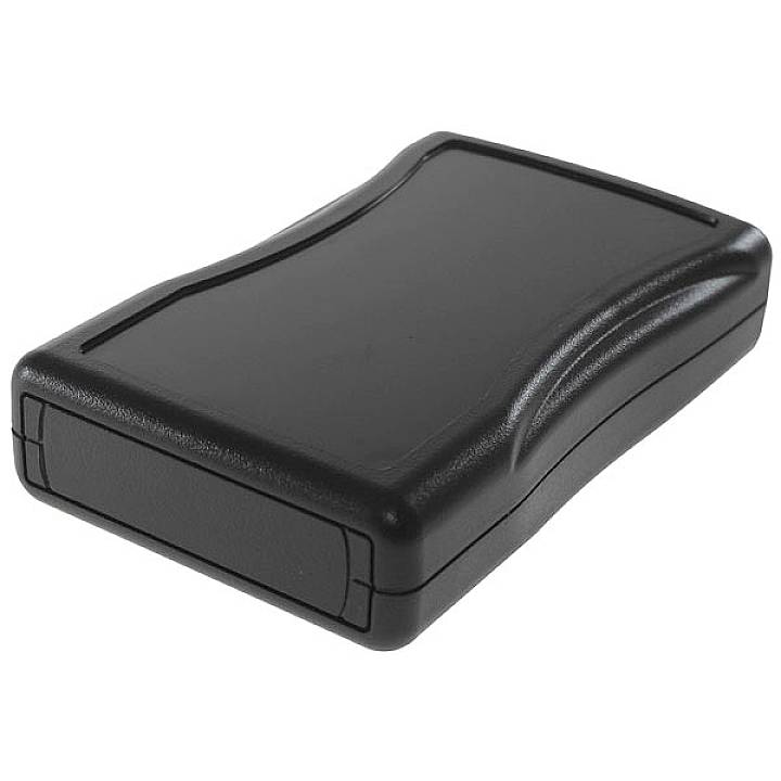 Un boîtier en plastique noir, rectangulaire avec des coins arrondis, probablement destiné à des appareils électroniques.