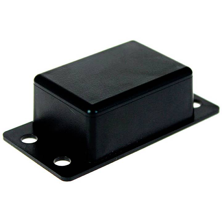 Un boîtier rectangulaire noir en plastique avec deux trous de montage sur chaque côté.